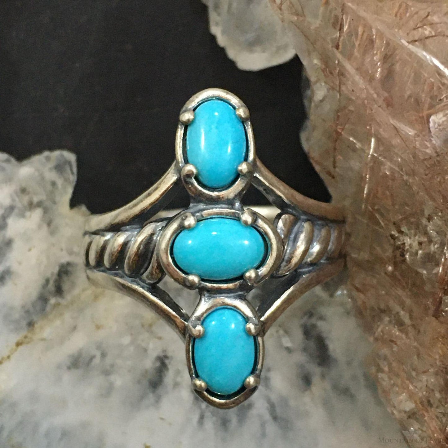 Carolyn Pollack Southwestern Style Sterling Silver 3 Sleeping Beauty Turquoise Decorated Ring For Women