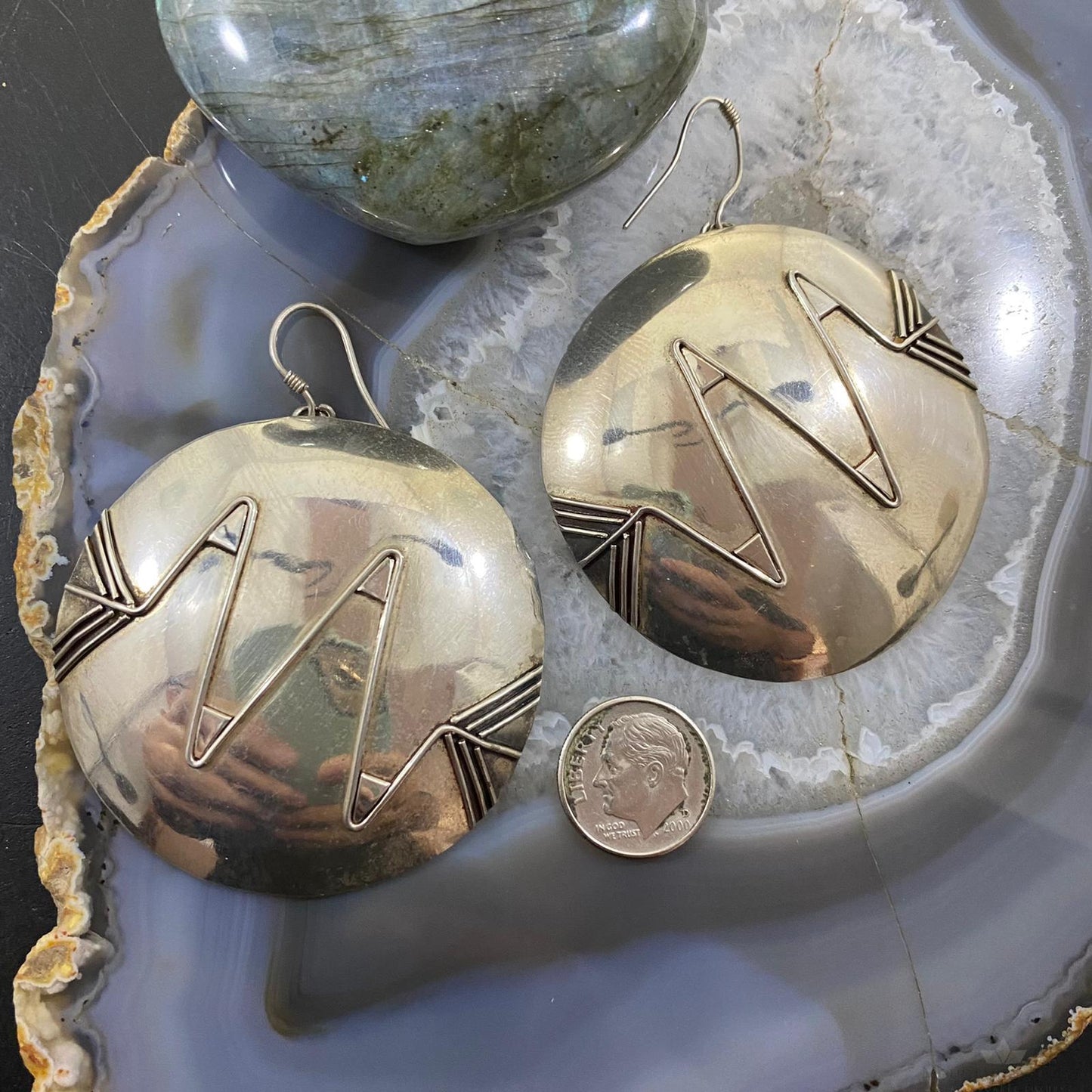 Vintage Native American Sterling Silver Rounded Arrow Overlay Dangle Earrings