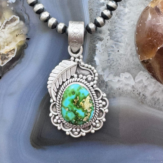 Sterling Silver Southwestern Style Oval Sonora Gold Turquoise Decorated Pendant For Women