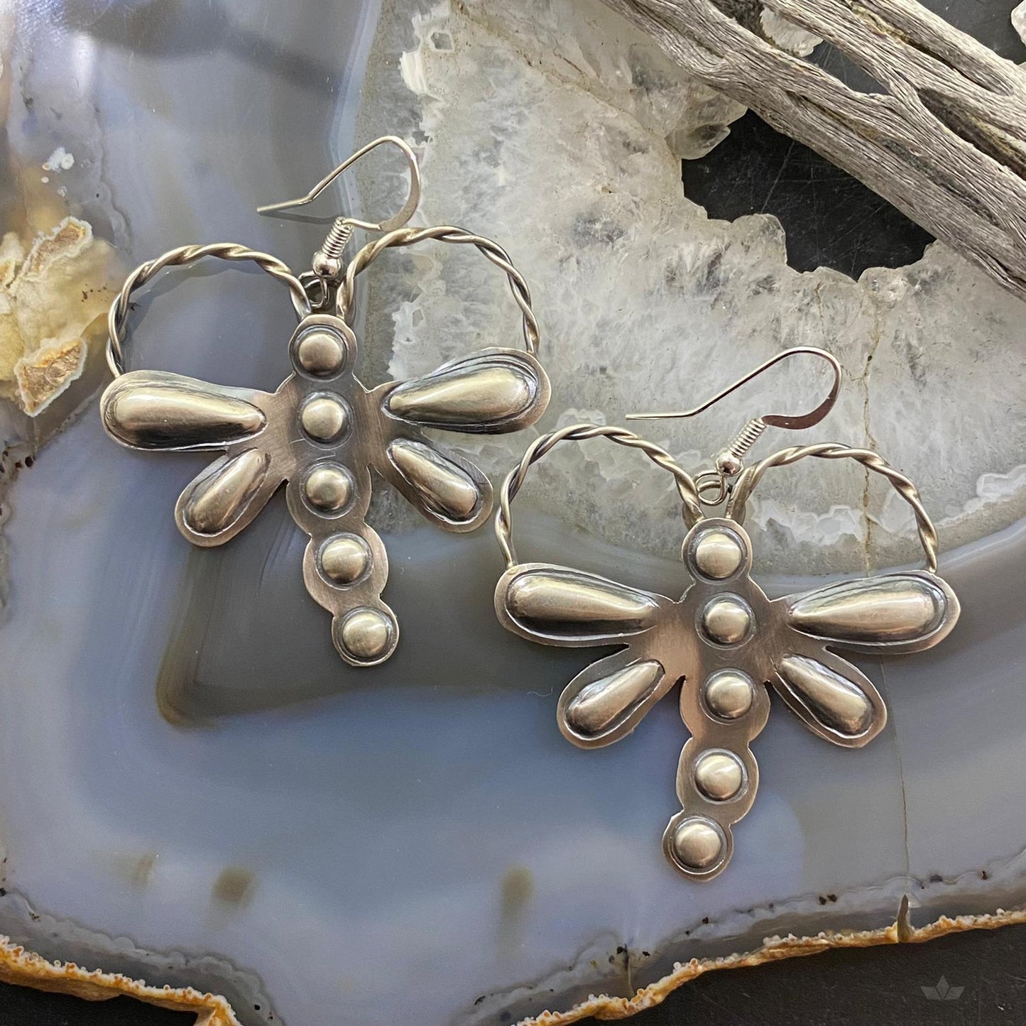 Sterling Silver Repousse Dragonfly Dangle Earrings For Women
