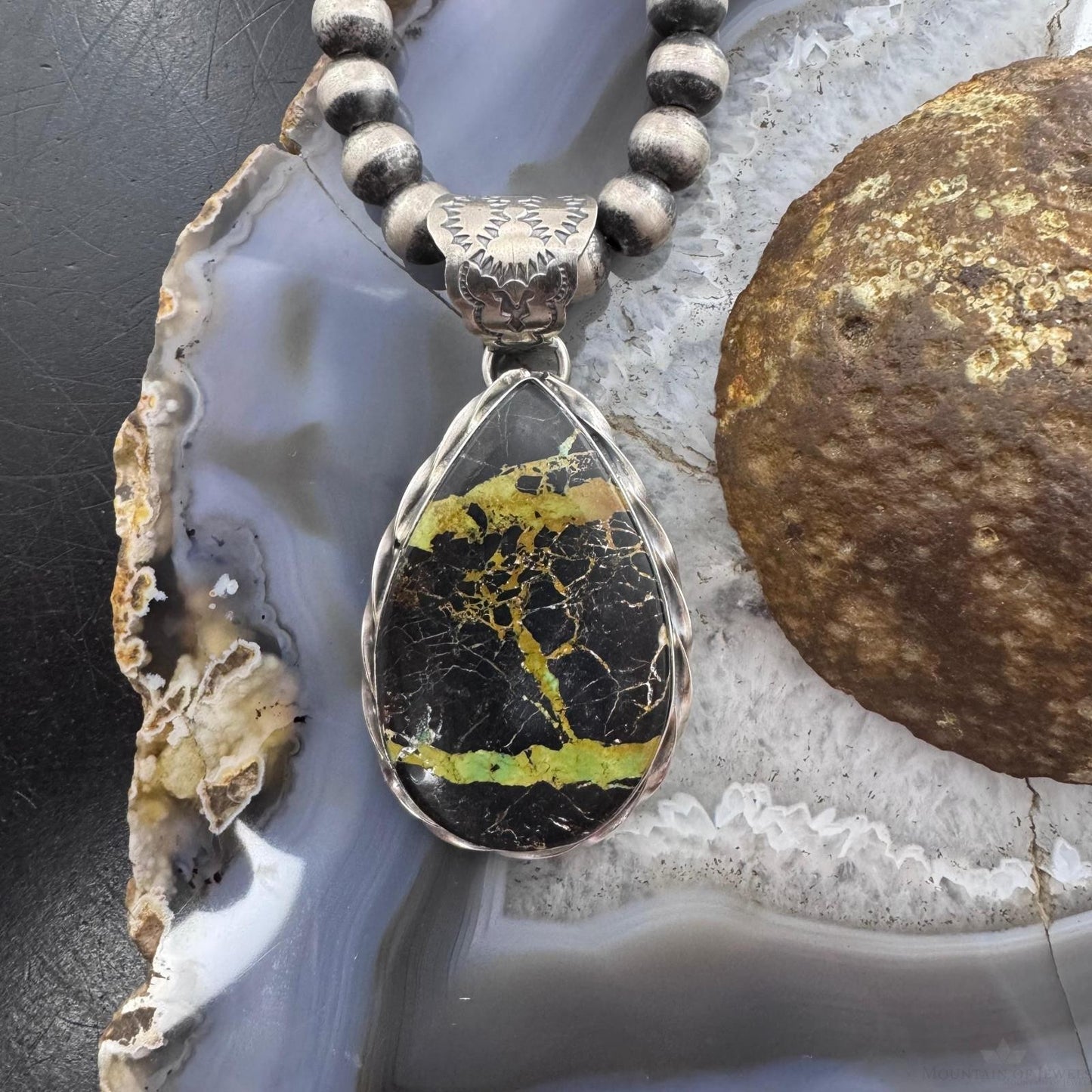 Native American Sterling Silver Teardrop Black Jack Decorated Pendant For Women