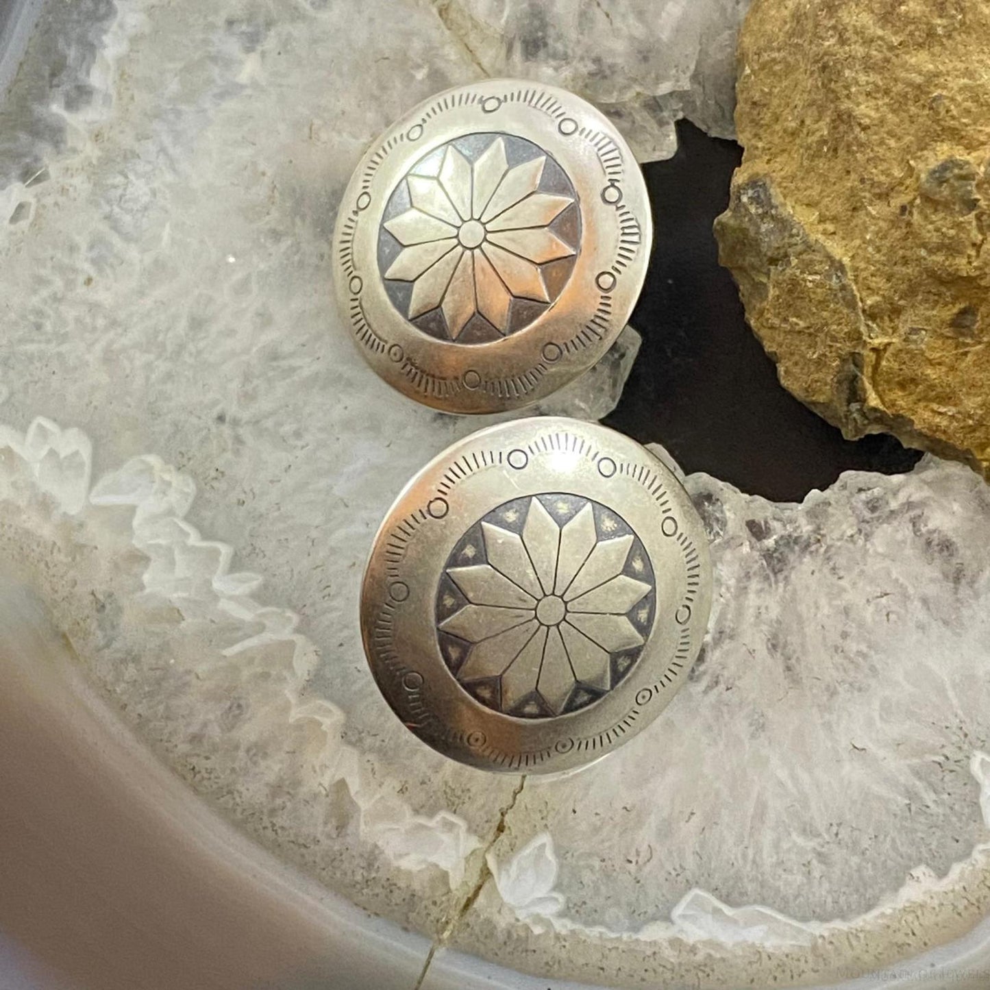 Native American Sterling Round Stamped Floral Concho Stud Earrings For Women