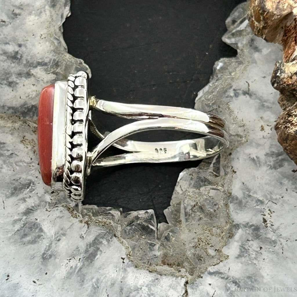Sterling Silver Southwestern Style Coral Decorated Ring Size 7.5 For Women