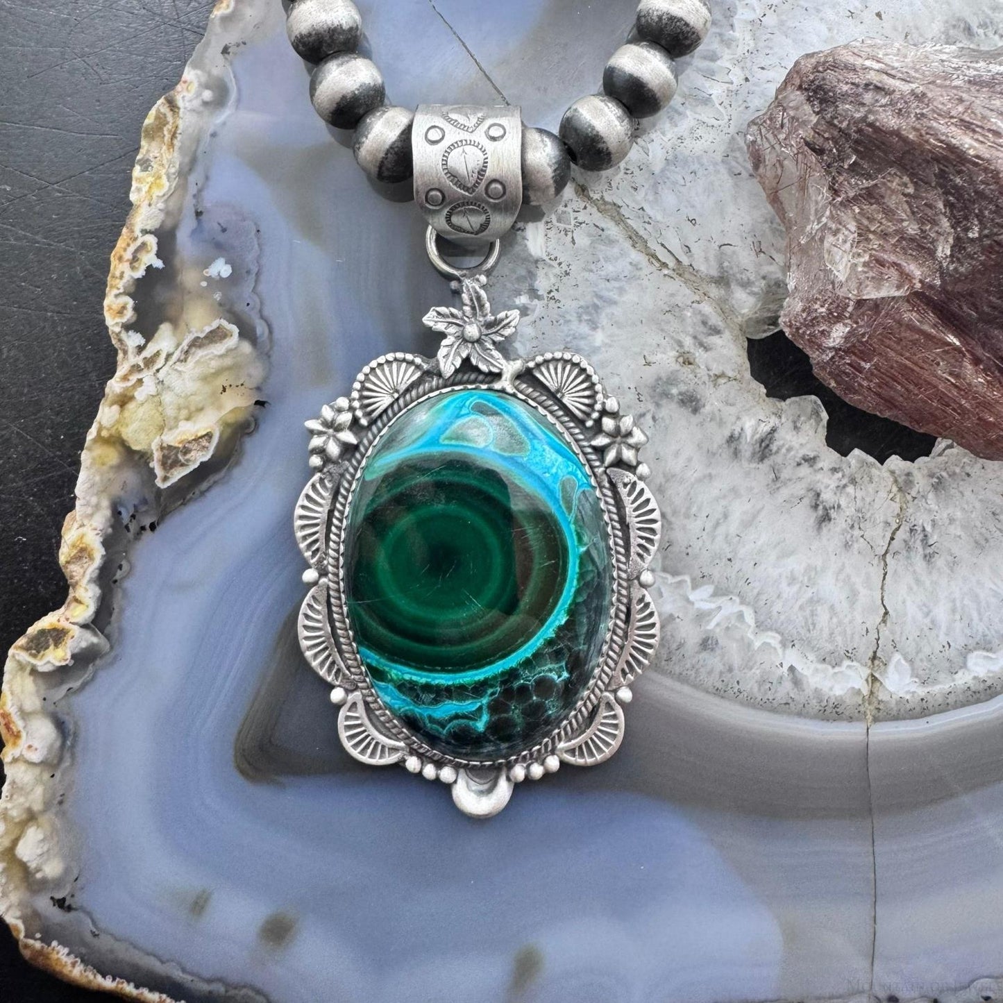 Sterling Silver Southwestern Style Oval Azurite Malachite Decorated Pendant For Women
