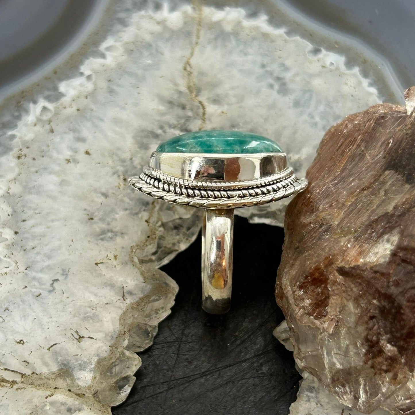 Sterling Silver Southwestern Style Oval Amazonite Decorated Ring Size 7 For Women