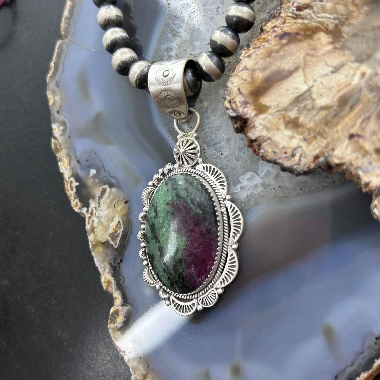 Sterling Silver Southwestern Style Oval Ruby Zoisite Decorated Pendant For Women