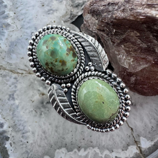 Sterling Silver Southwestern Style Green Turquoise Decorated Adjustable Ring For Women