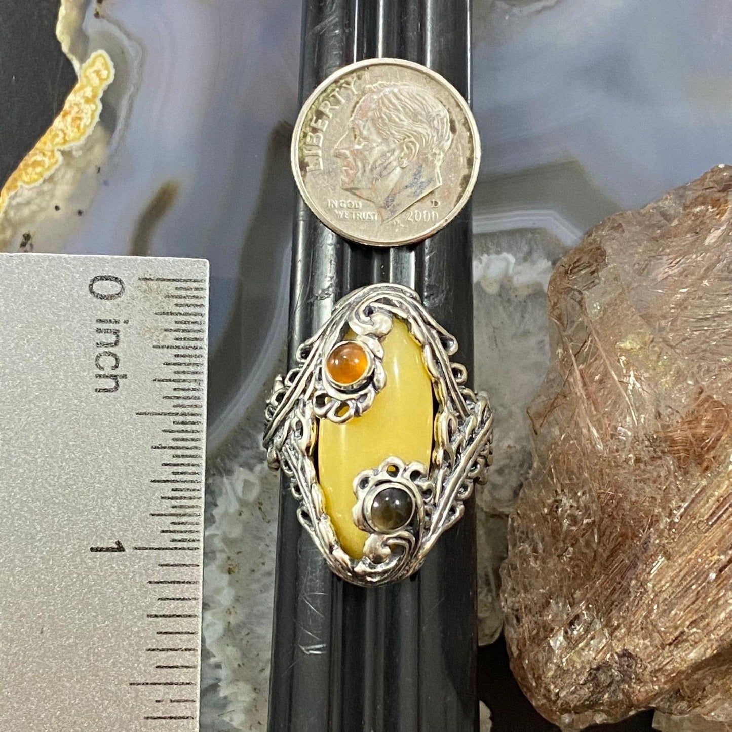 Carolyn Pollack Southwestern Style Sterling Silver Yellow Jasper, Smoky Quartz & Citrine Ring For Women