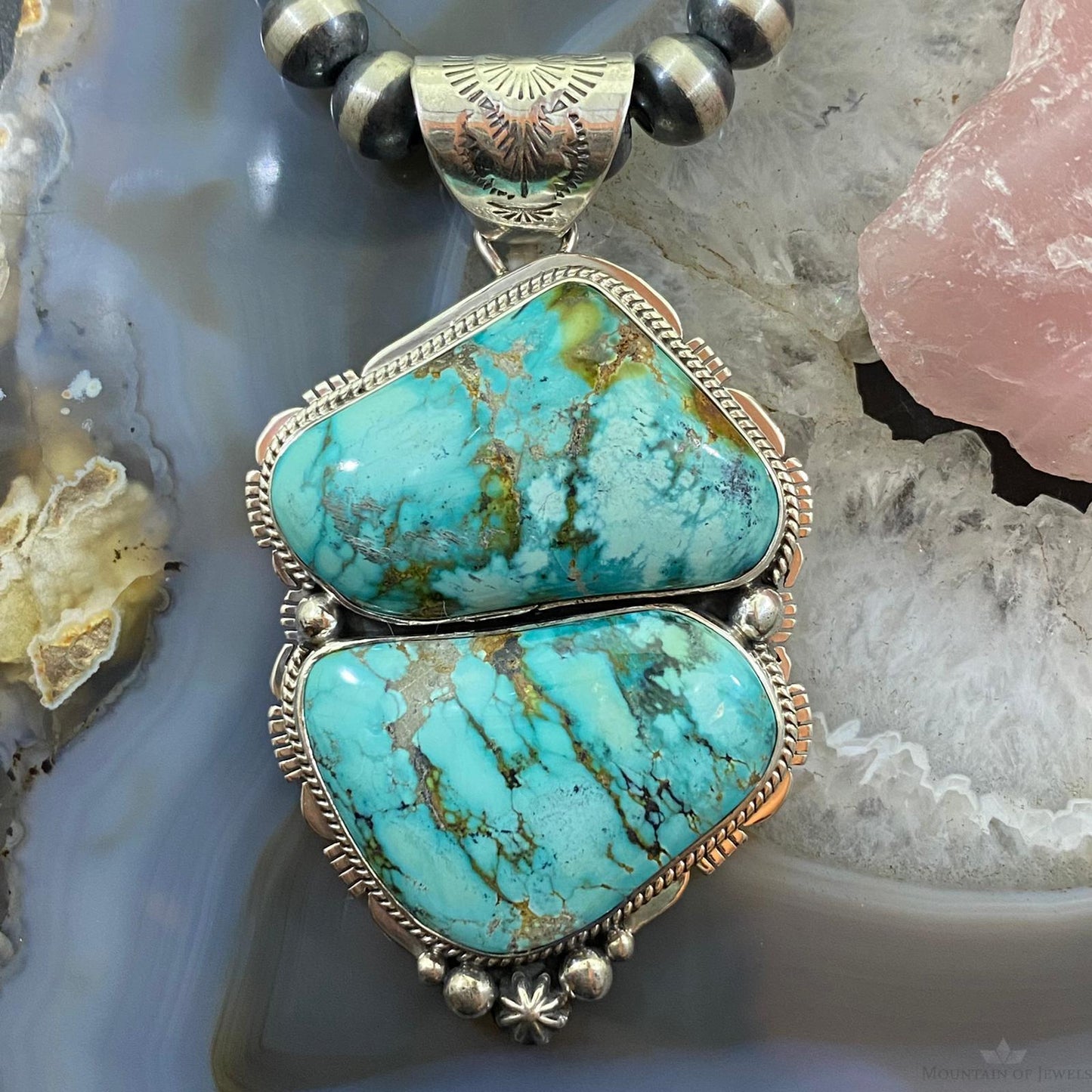 Signed Native American Sterling Silver Chunky Turquoise Unisex Pendant