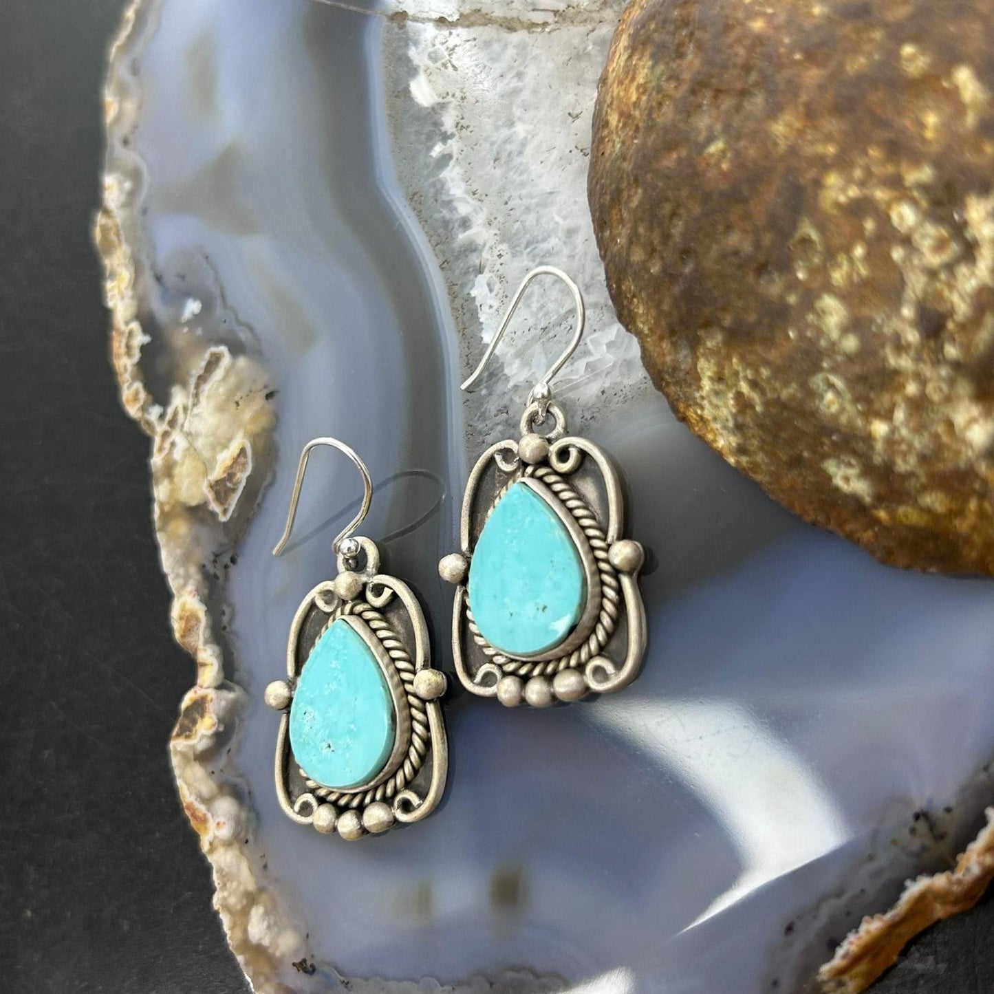 Sterling Silver Southwestern Style Turquoise Decorated Dangle Earrings For Women #4