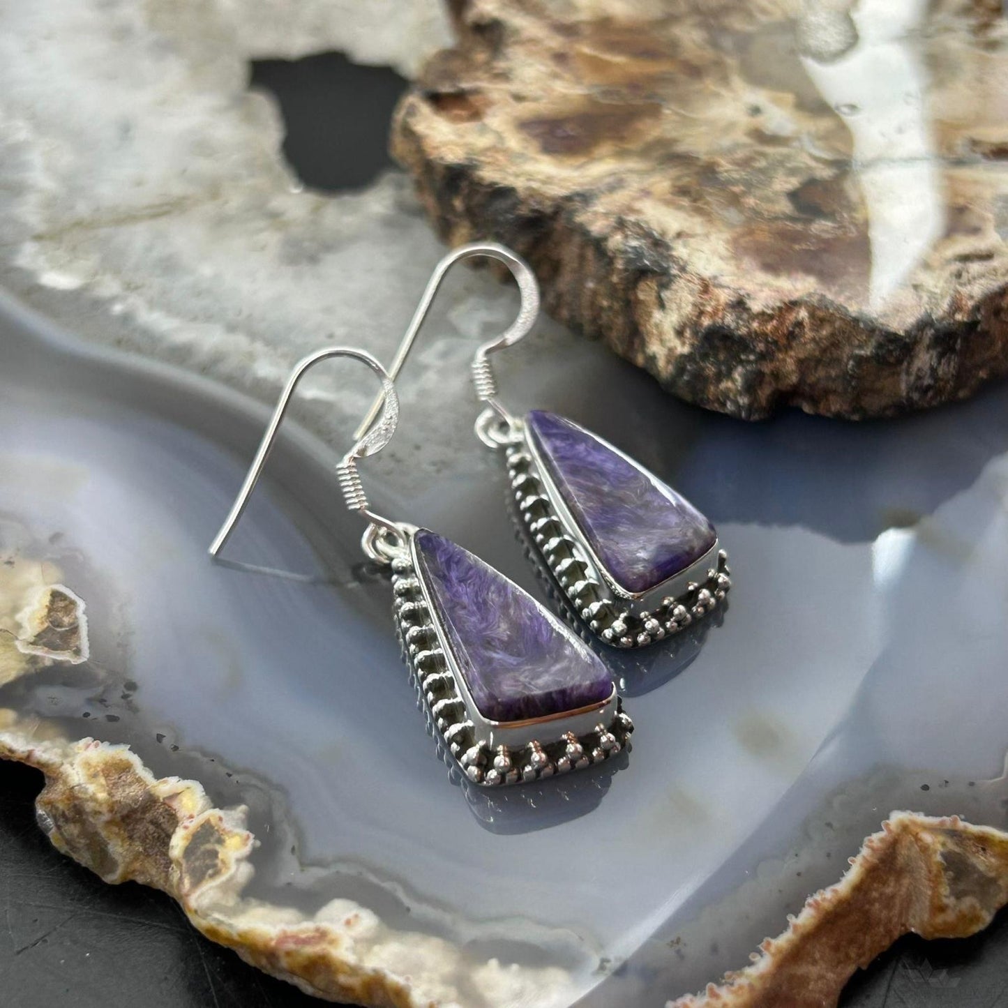 Sterling Silver Southwestern Style Triangle Charoite Dangle Earrings For Women