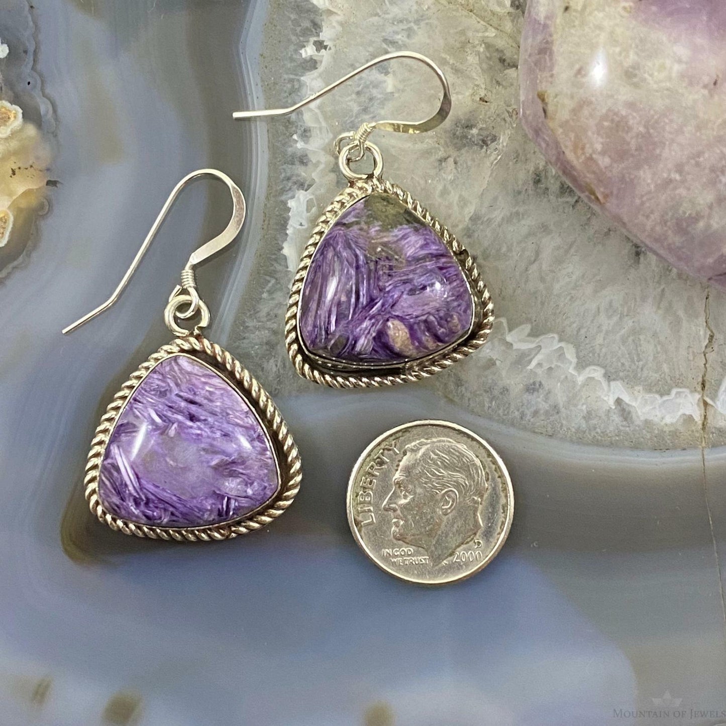 Native American Sterling Silver Triangle Charoite Dangle Earrings For Women