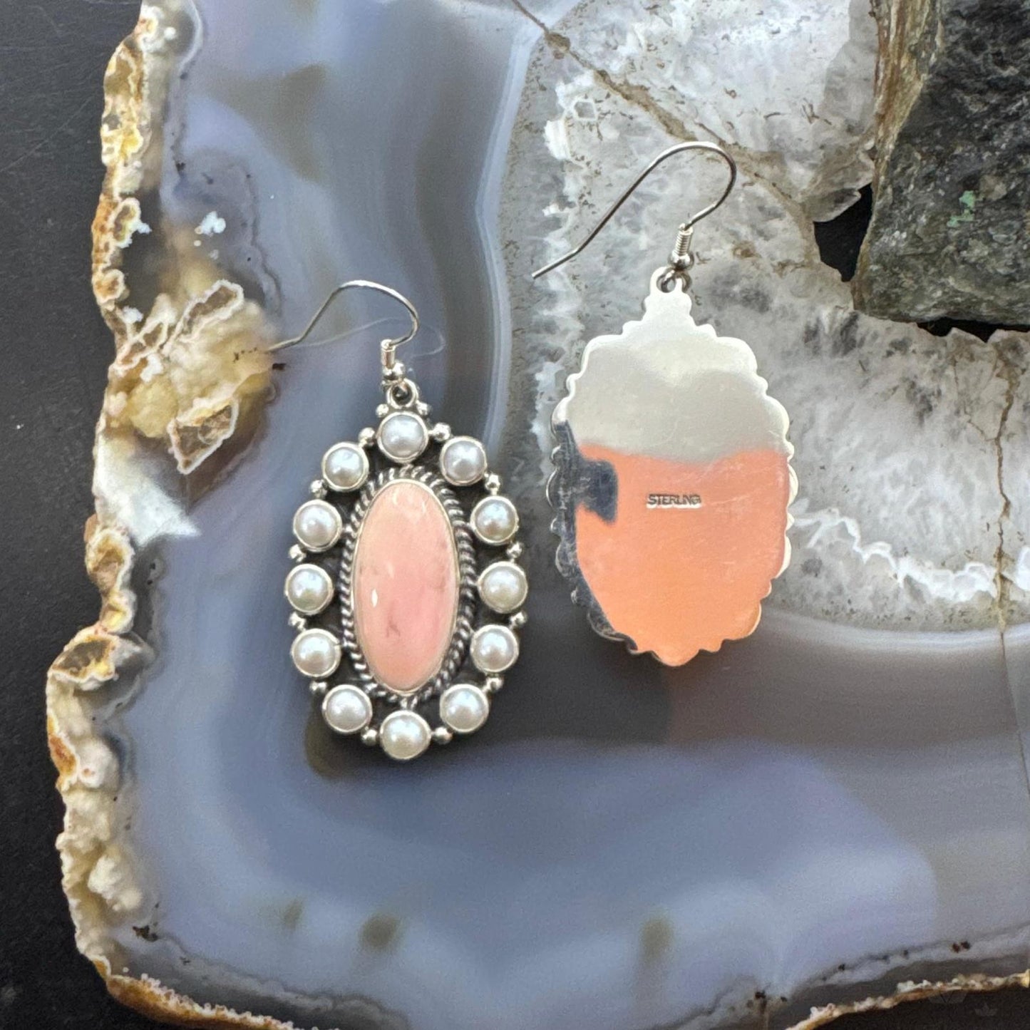 Native American Sterling Silver Oval Pink Conch w/Gray Pearls Dangle Earrings For Women