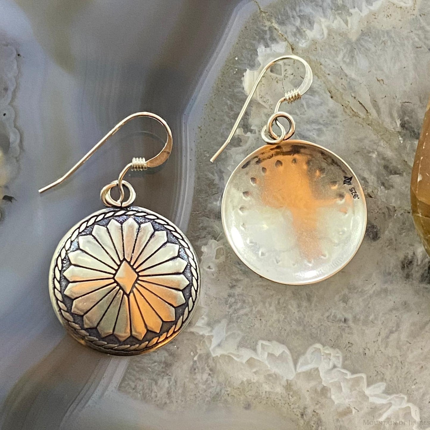 Native American Sterling Round Decorated Stamped Dangle Earrings For Women