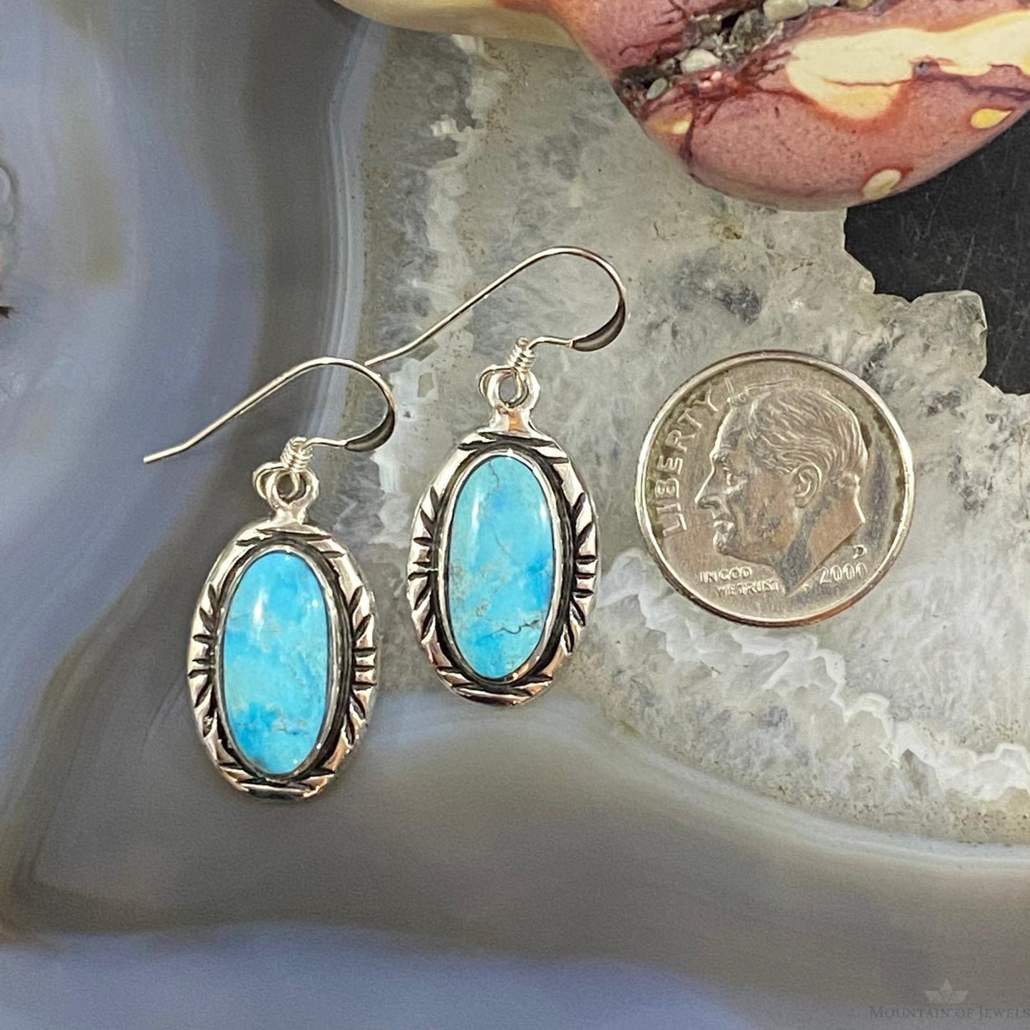 Native American Sterling Oval Blue Ridge Turquoise Dangle Earrings For Women