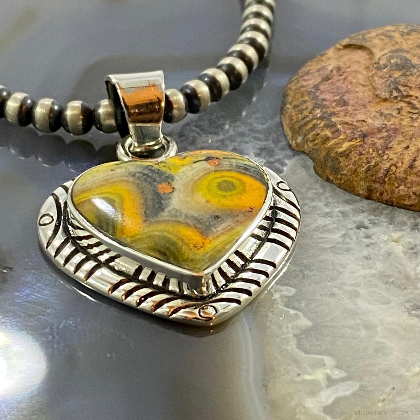 Native American Sterling Silver Heart Shape Bumblebee Jasper Pendant For Women 2