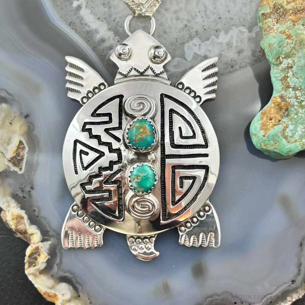 Alonzo Mariano Sterling Silver Overlay Turtle & 2 Turquoise Unisex Pendant #1