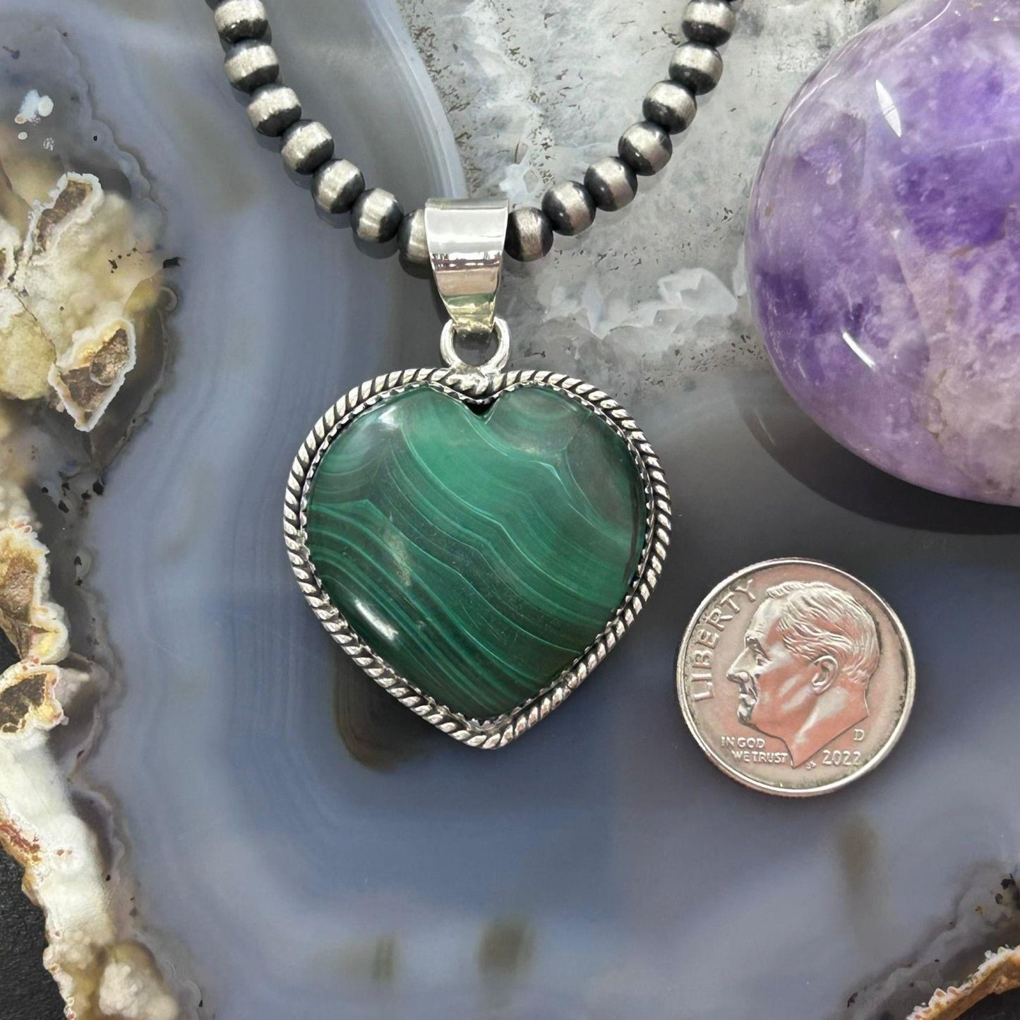 Sterling Silver Southwestern Style Malachite Heart Pendant For Women #1