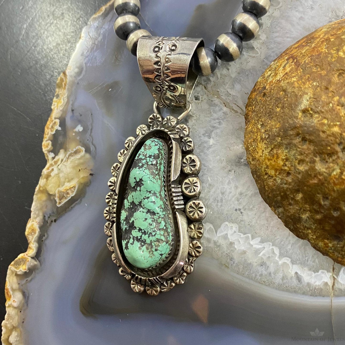Native American Sterling Silver Green Kingman Turquoise Decorated Pendant