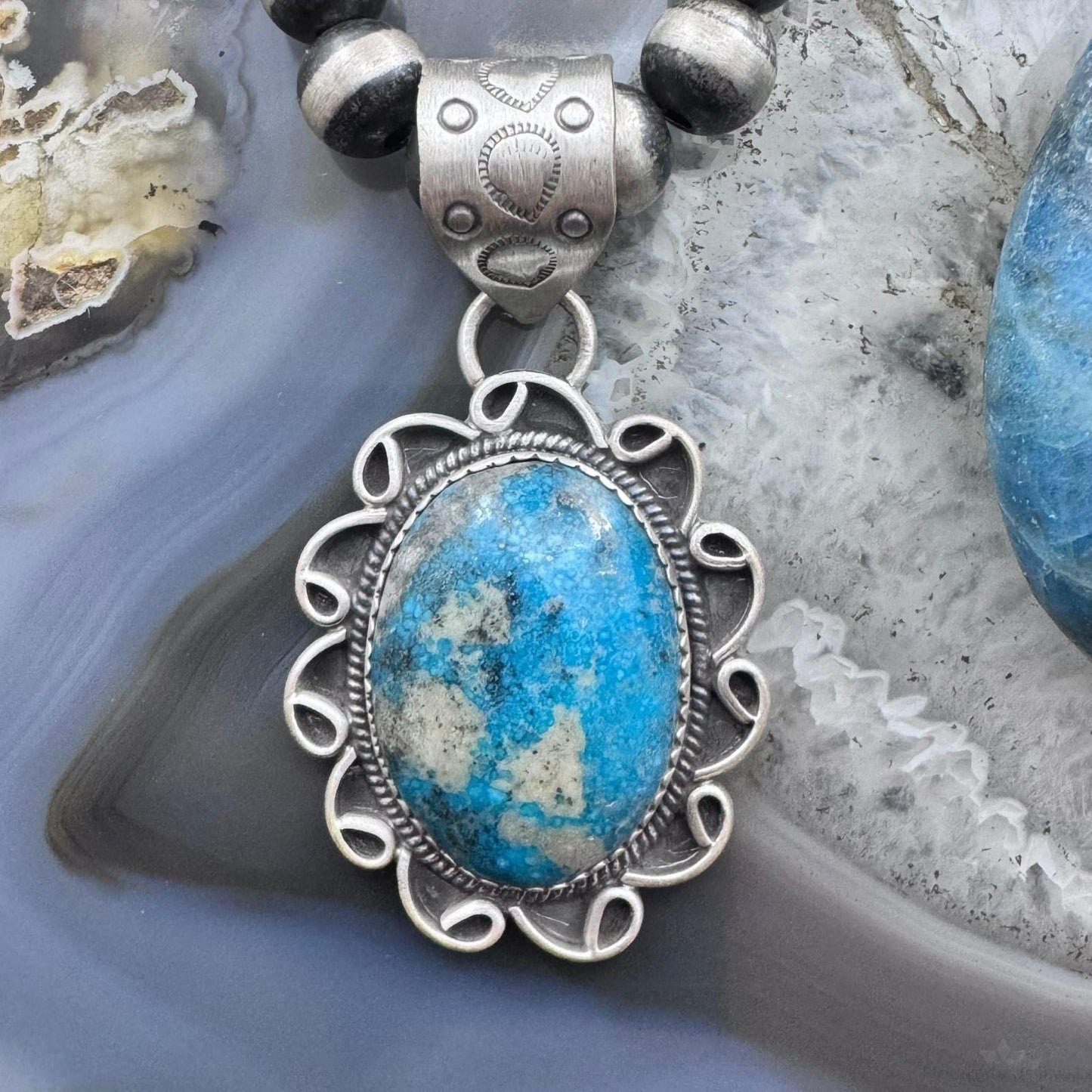 Sterling Silver Southwestern Style Oval Turquoise Decorated Pendant For Women