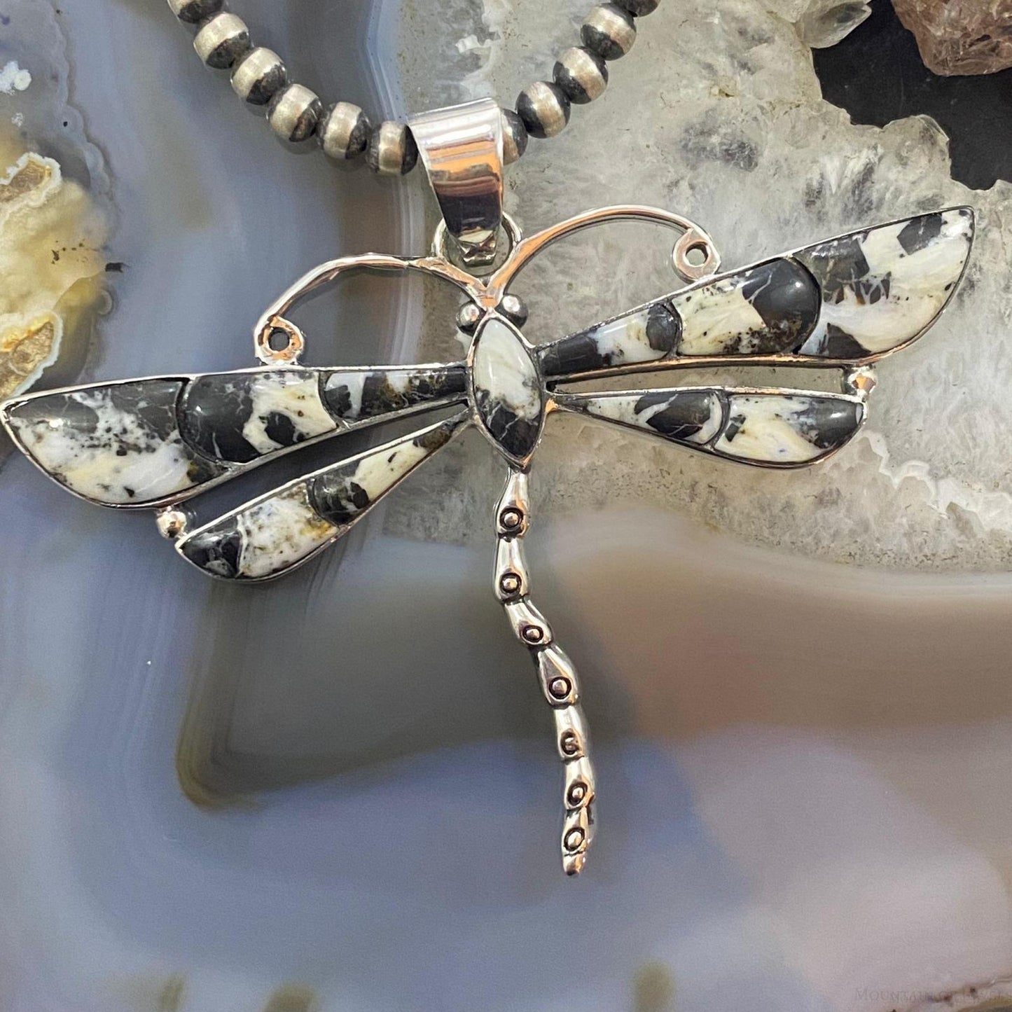 Native American Sterling Silver White Buffalo Inlay Dragonfly Pendant For Women