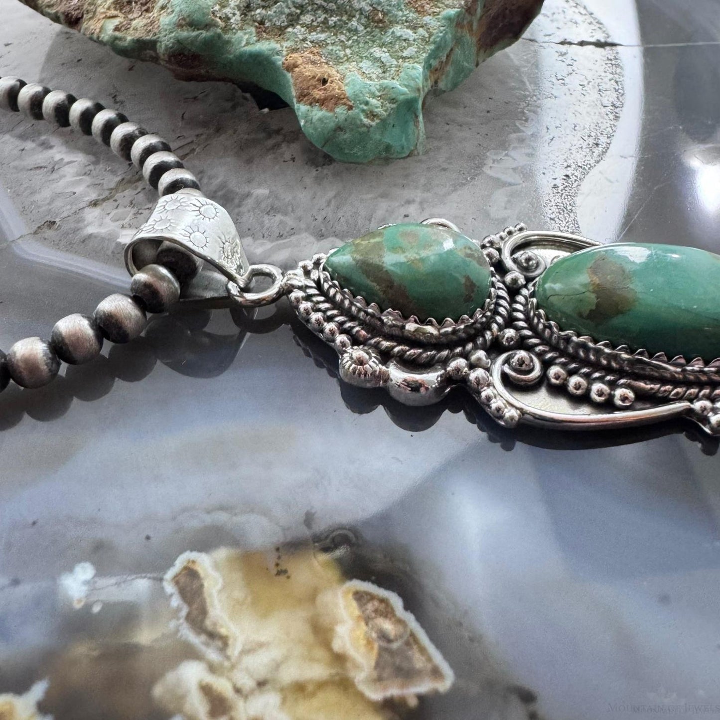 Sterling Silver Southwestern Style Long Turquoise Decorated Pendant For Women