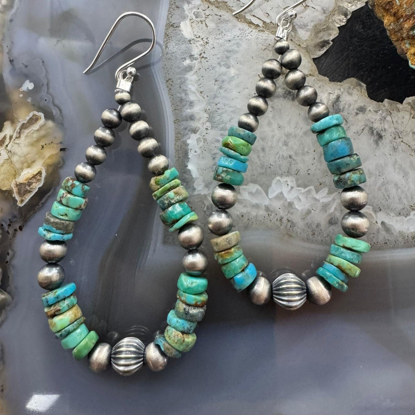 Sterling Silver 4-6mm Navajo Pearl Southwester Style & 6mm Turquoise Bead Hoop Earrings For Women