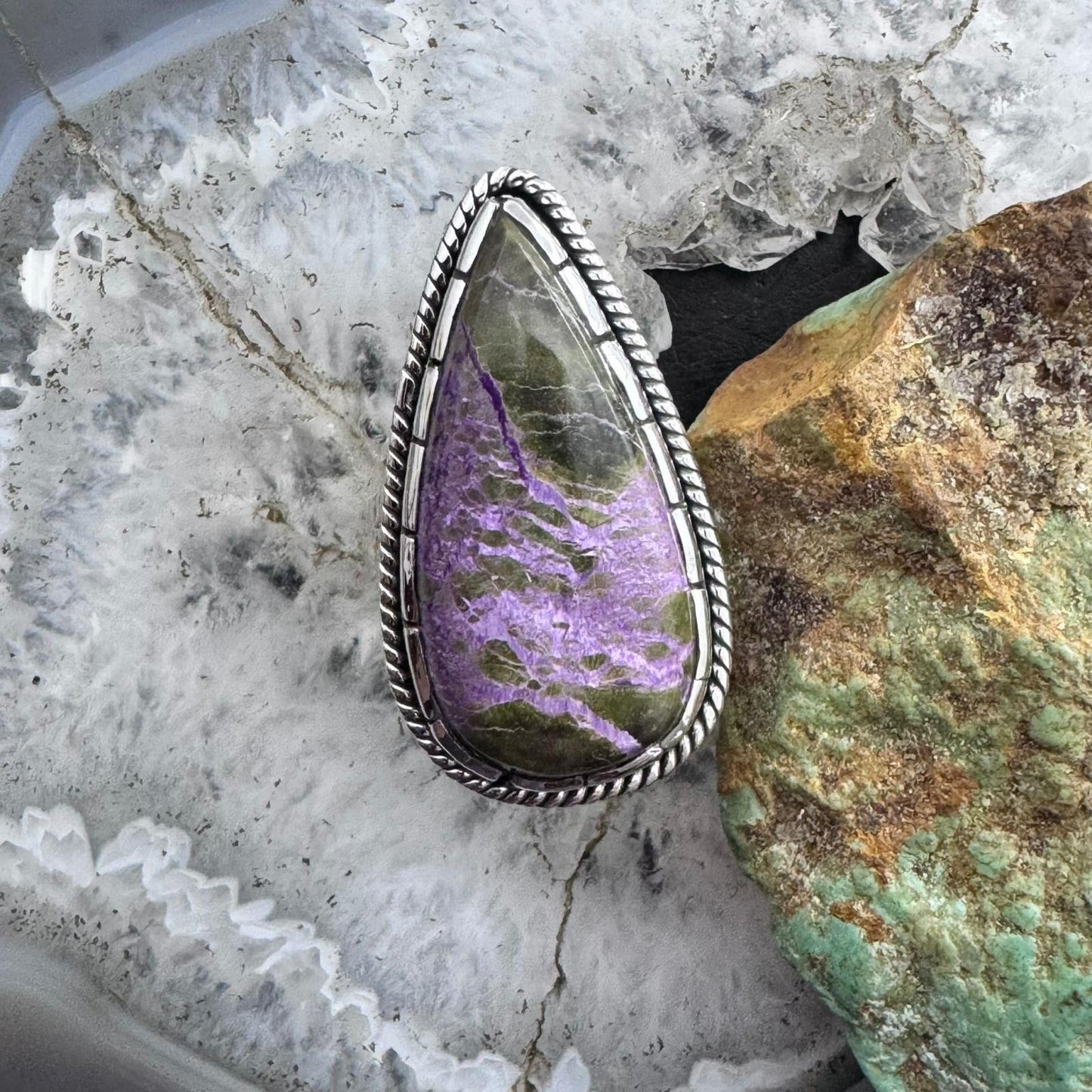 Sterling Southwestern Style Elongated Teardrop Stichtite Ring Size 8.75 For Women