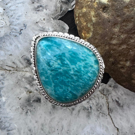 Sterling Southwestern Style Wide Teardrop Amazonite Decorated Ring 7.5 For Women