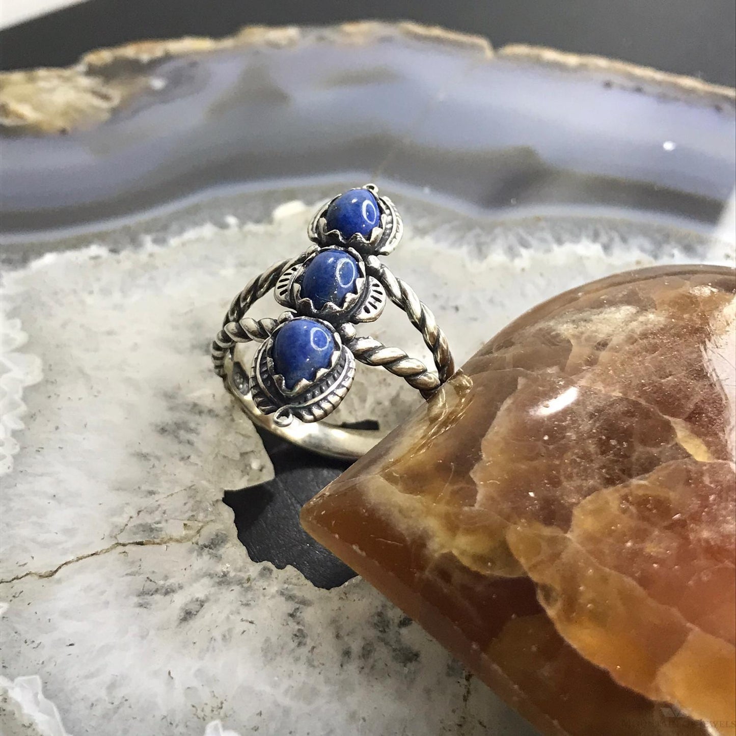 Carolyn Pollack Sterling Silver 3 Denim Lapis Decorated Ring Size 11 For Women