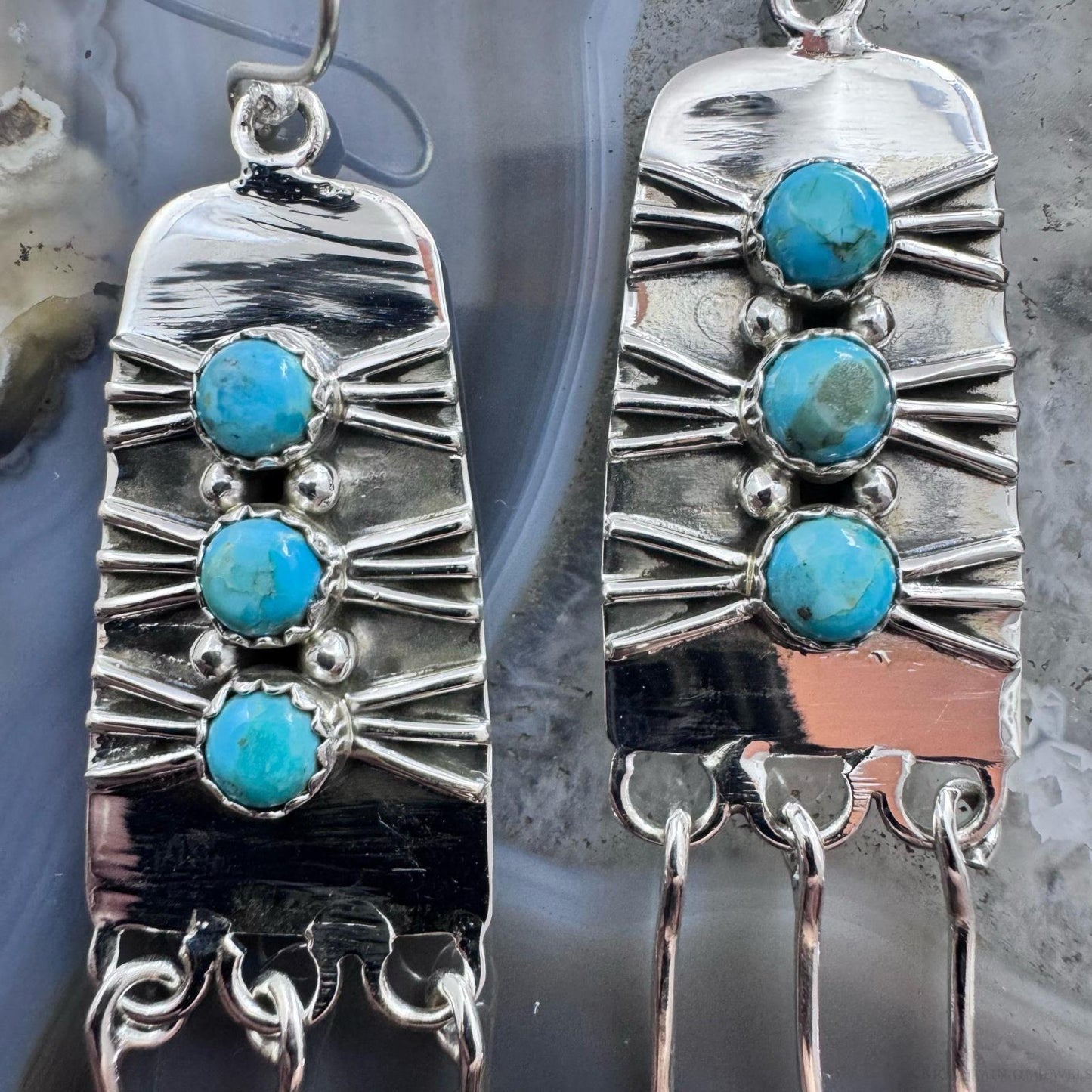Sterling Silver Southwestern Style 3 Rounded Turquoise Tassel Dangle Earrings For Women