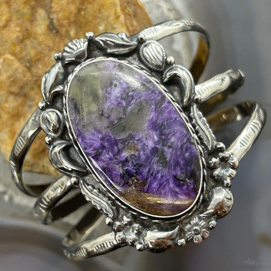 Sterling Silver Southwestern Style Oval Charoite Decorated Bracelet For Women