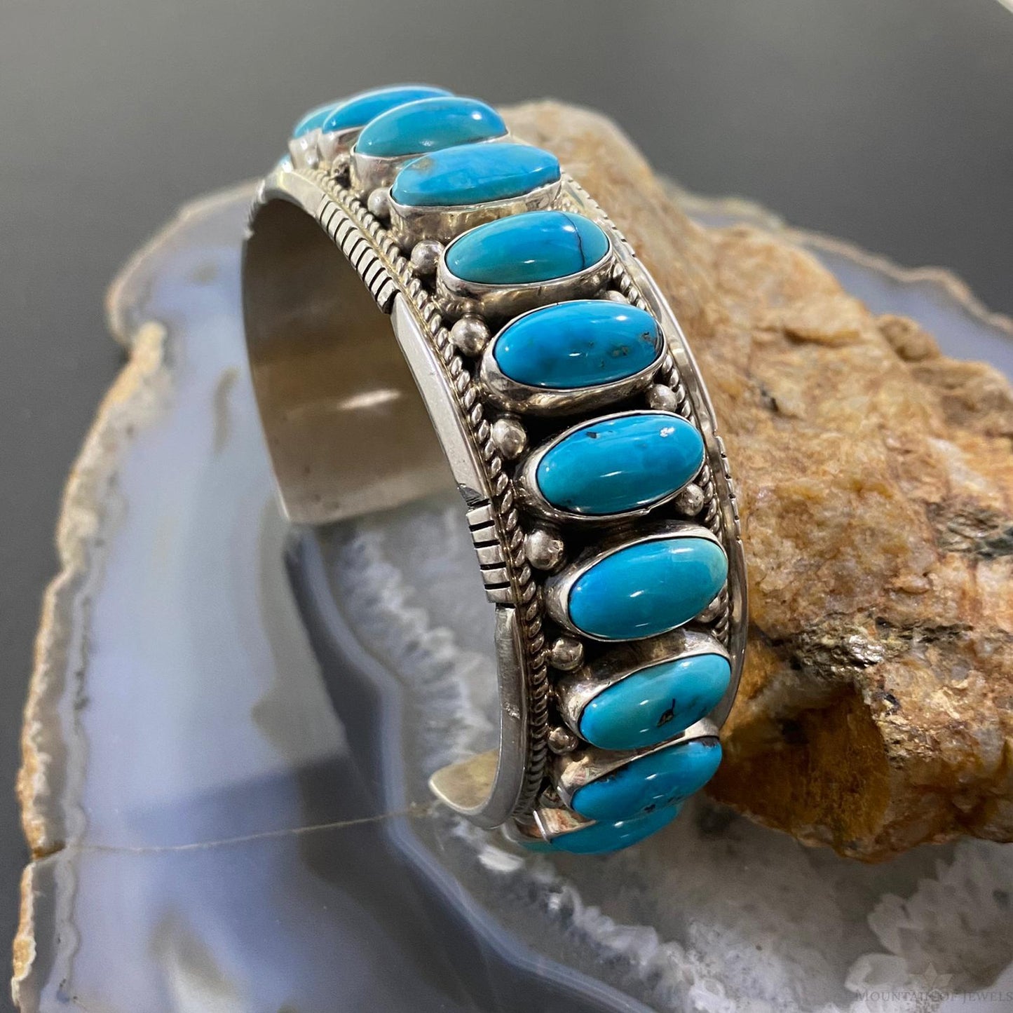 Vintage Native American Sterling Silver Oval Turquoise Row Bracelet For Men