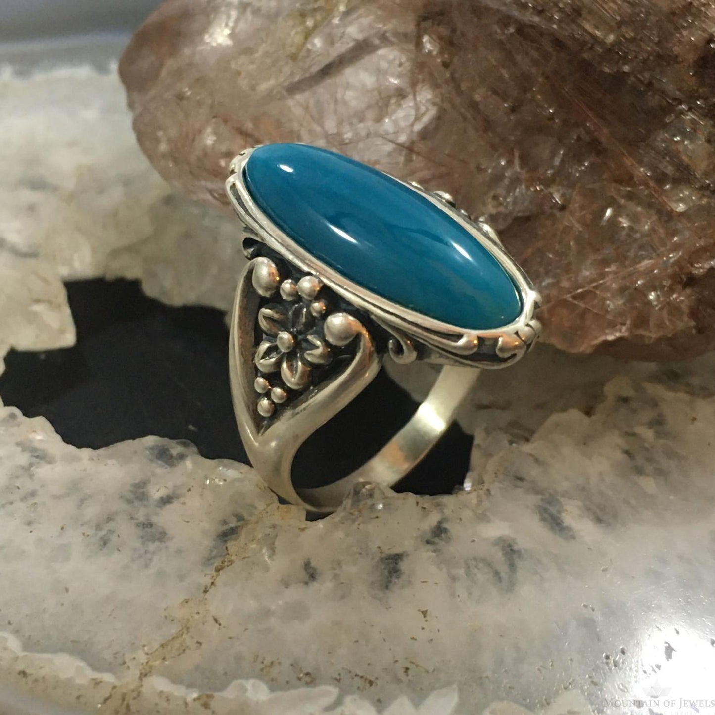 Carolyn Pollack Southwestern Style Sterling Silver Elongated Oval Turquoise Decorated Ring For Women