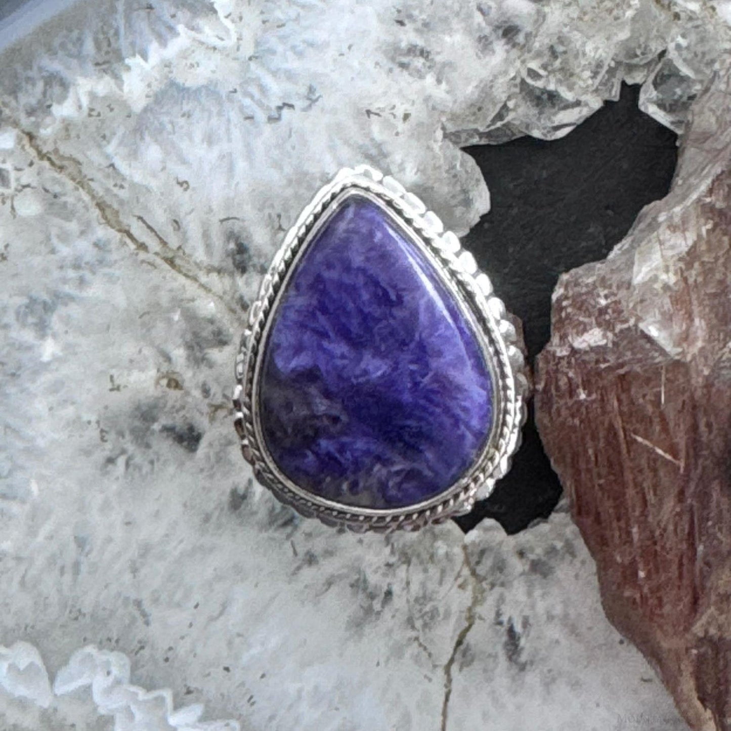 Sterling Silver Southwestern Style Teardrop Charoite Decorated Ring Size 9.5 For Women