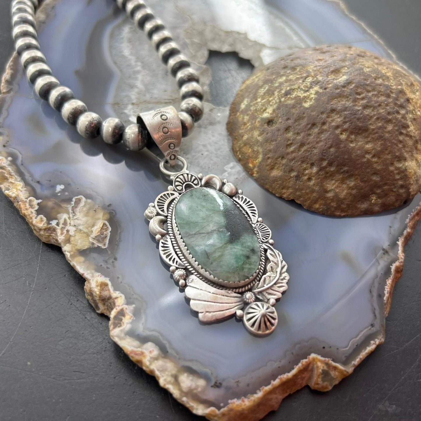 Sterling Silver Southwestern Style Oval Emerald Decorated Pendant For Women #1