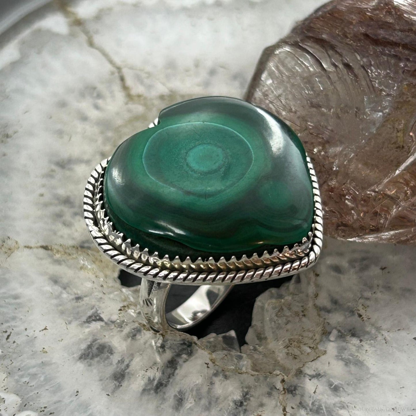 Sterling Silver Southwestern Style Malachite Heart Shape Ring Size 9 For Women
