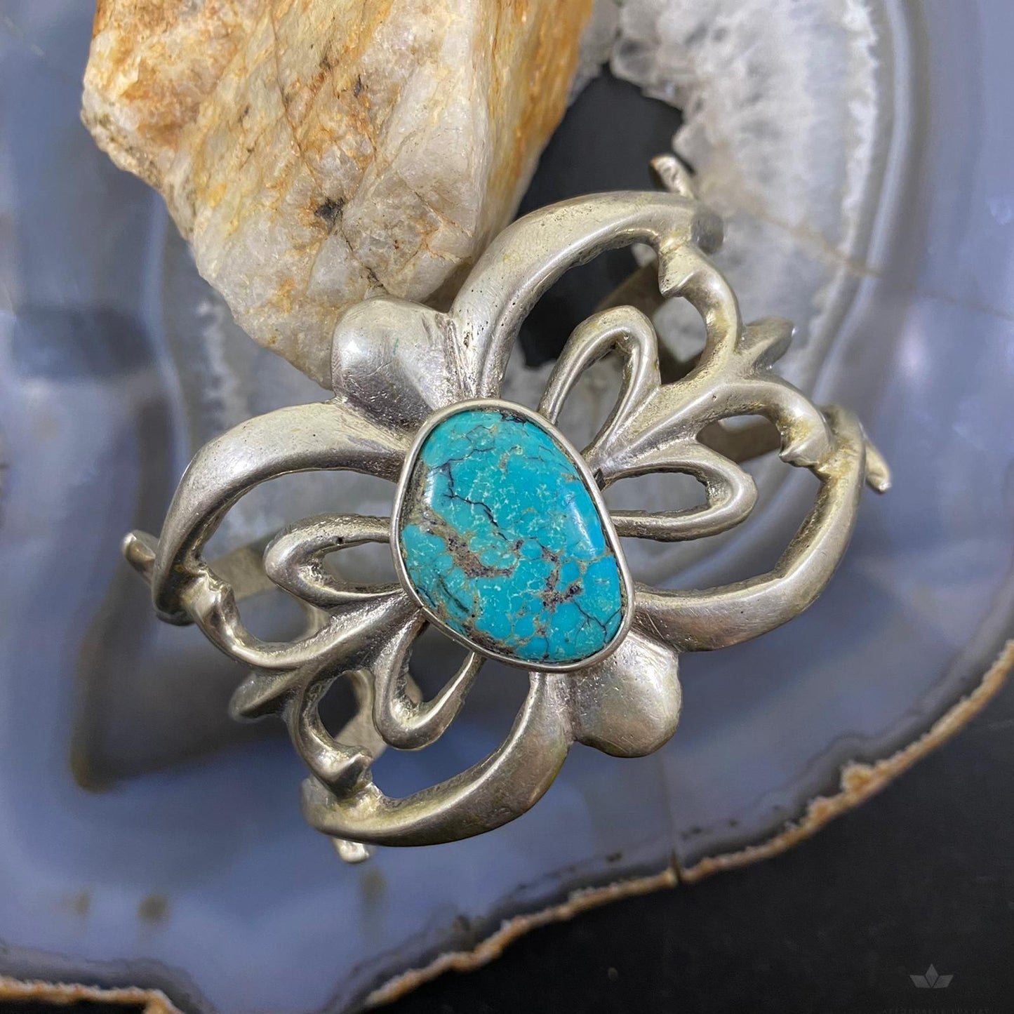 Vintage Native American Silver Turquoise Sandcast Bracelet For Women