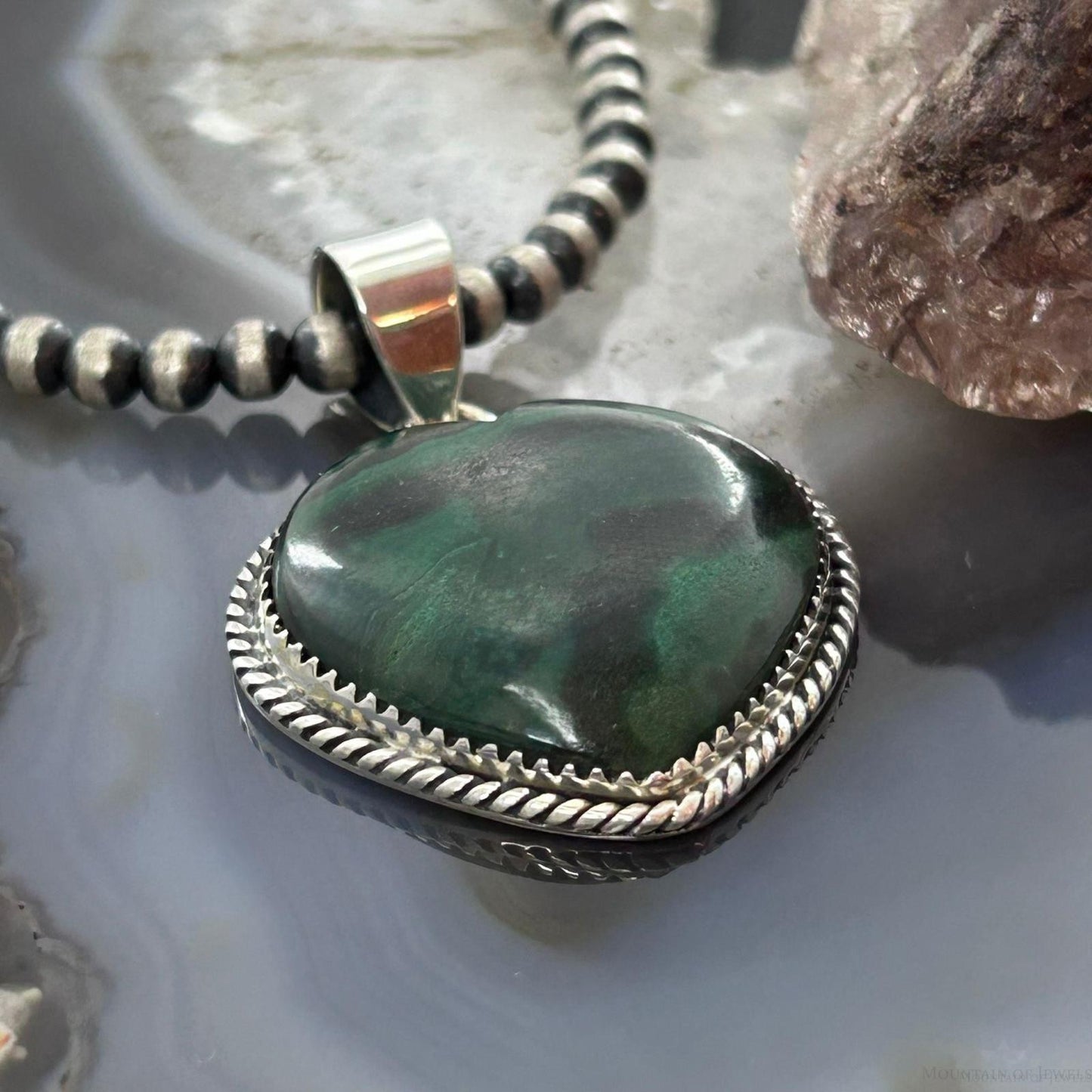 Sterling Silver Southwestern Style Malachite Heart Pendant For Women