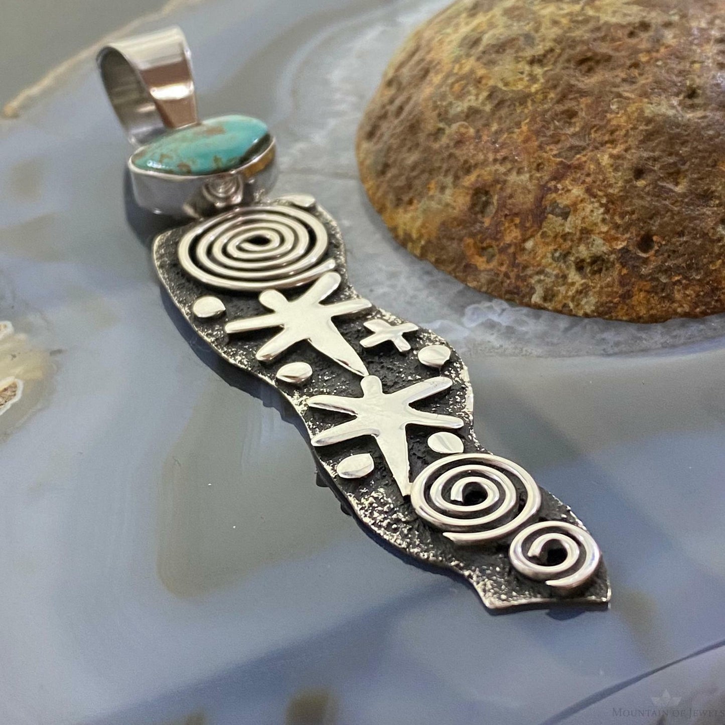 Alex Sanchez Sterling Silver Petroglyph & Turquoise Long Unisex Pendant