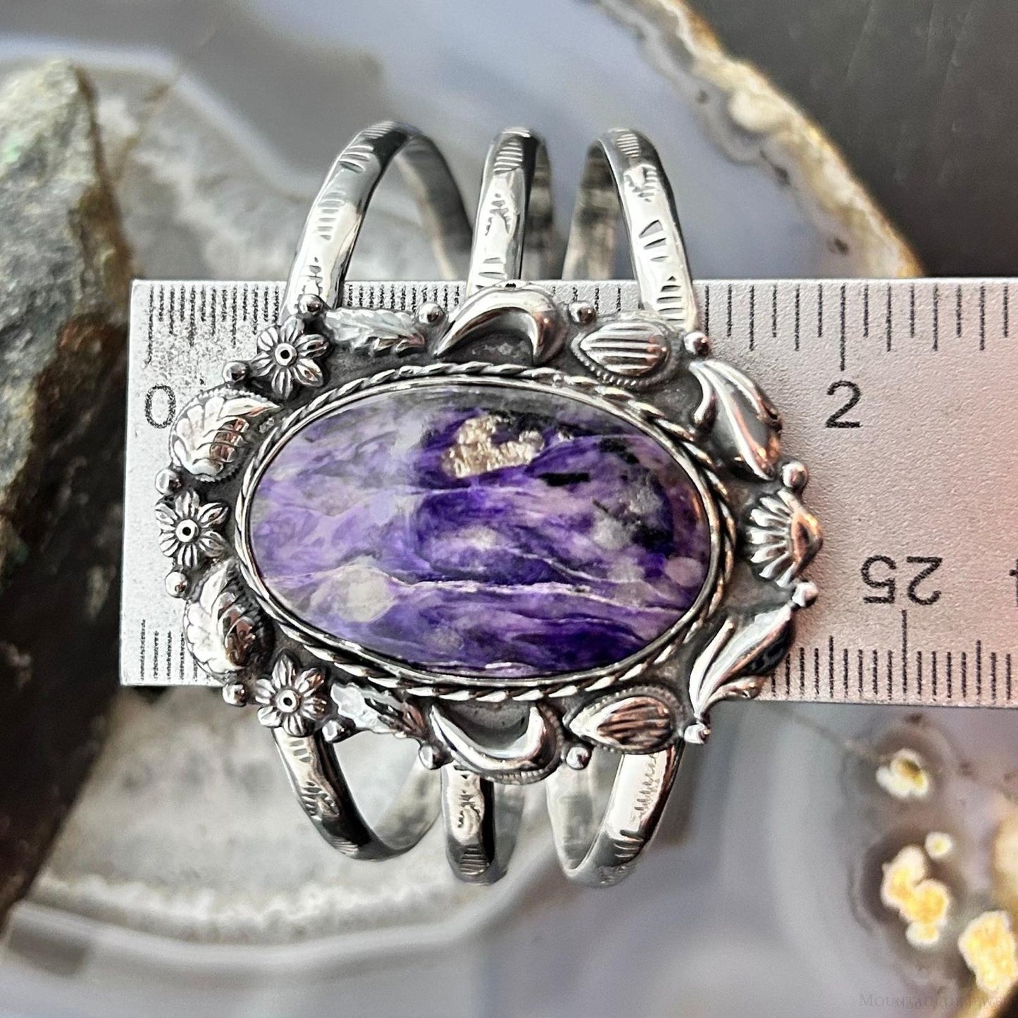 Sterling Silver Southwestern Style Large Oval Charoite Decorated Bracelet For Women