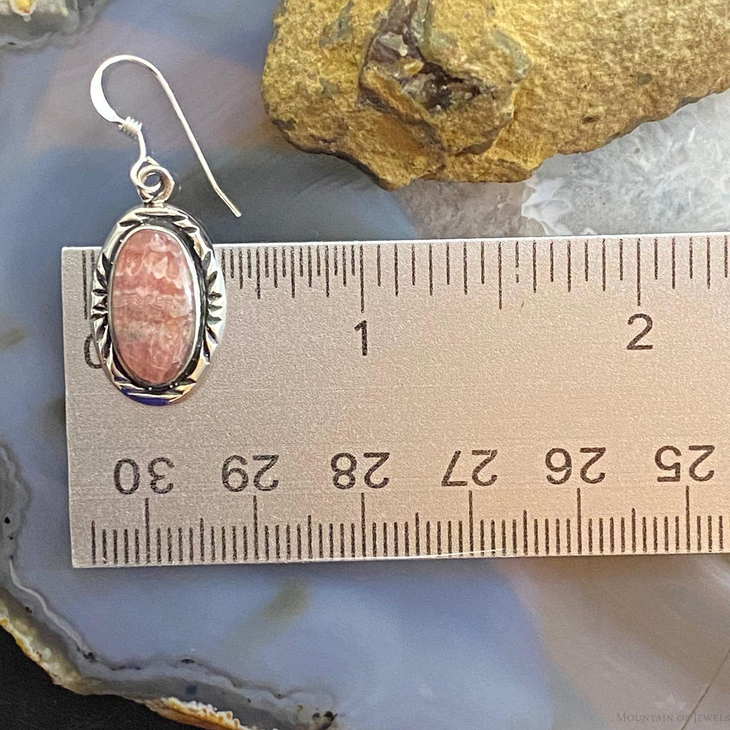 Native American Sterling Silver Oval Rhodochrosite Dangle Earrings For Women