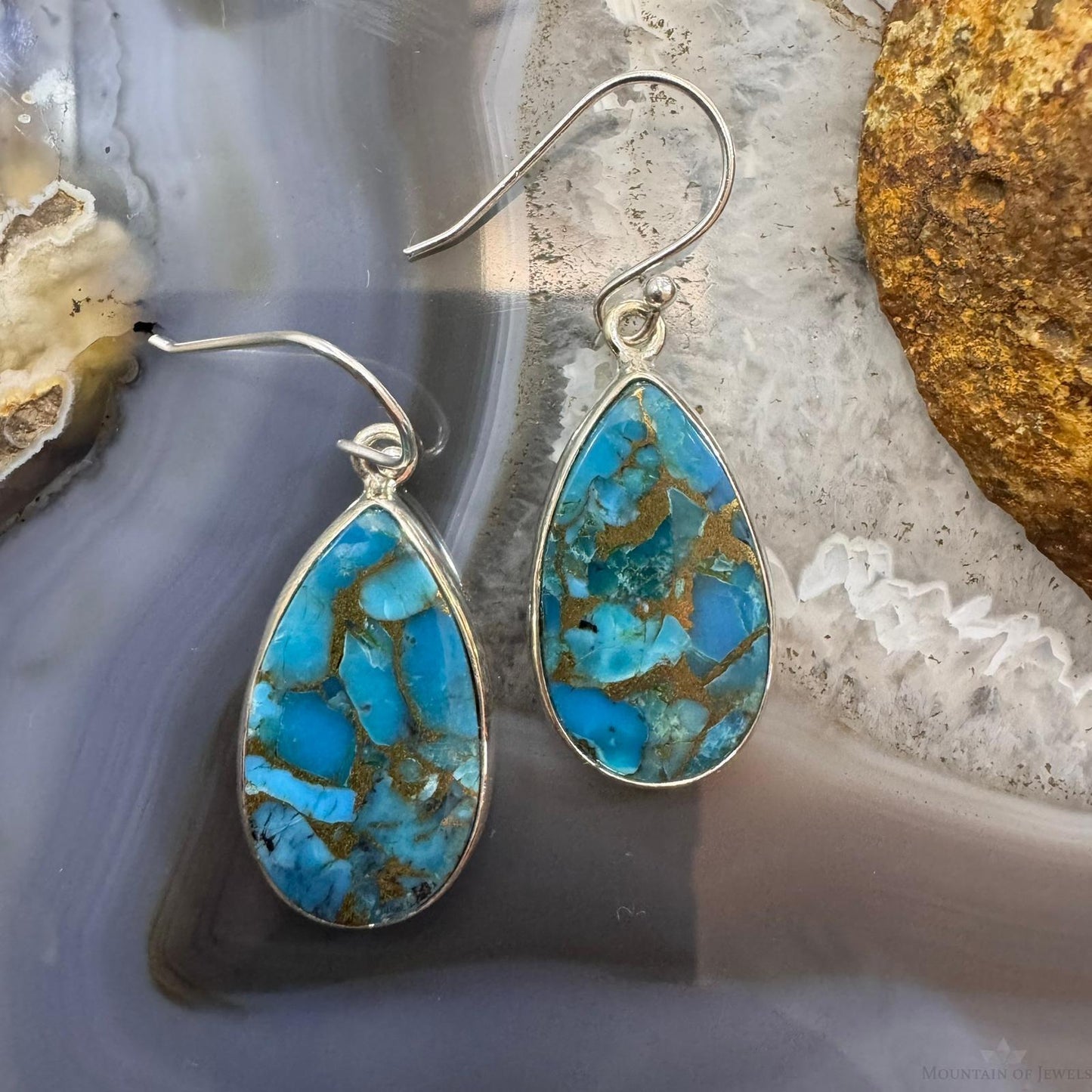 Sterling Silver Southwestern Style Teardrop Cooper Turquoise Dangle Earrings For Women