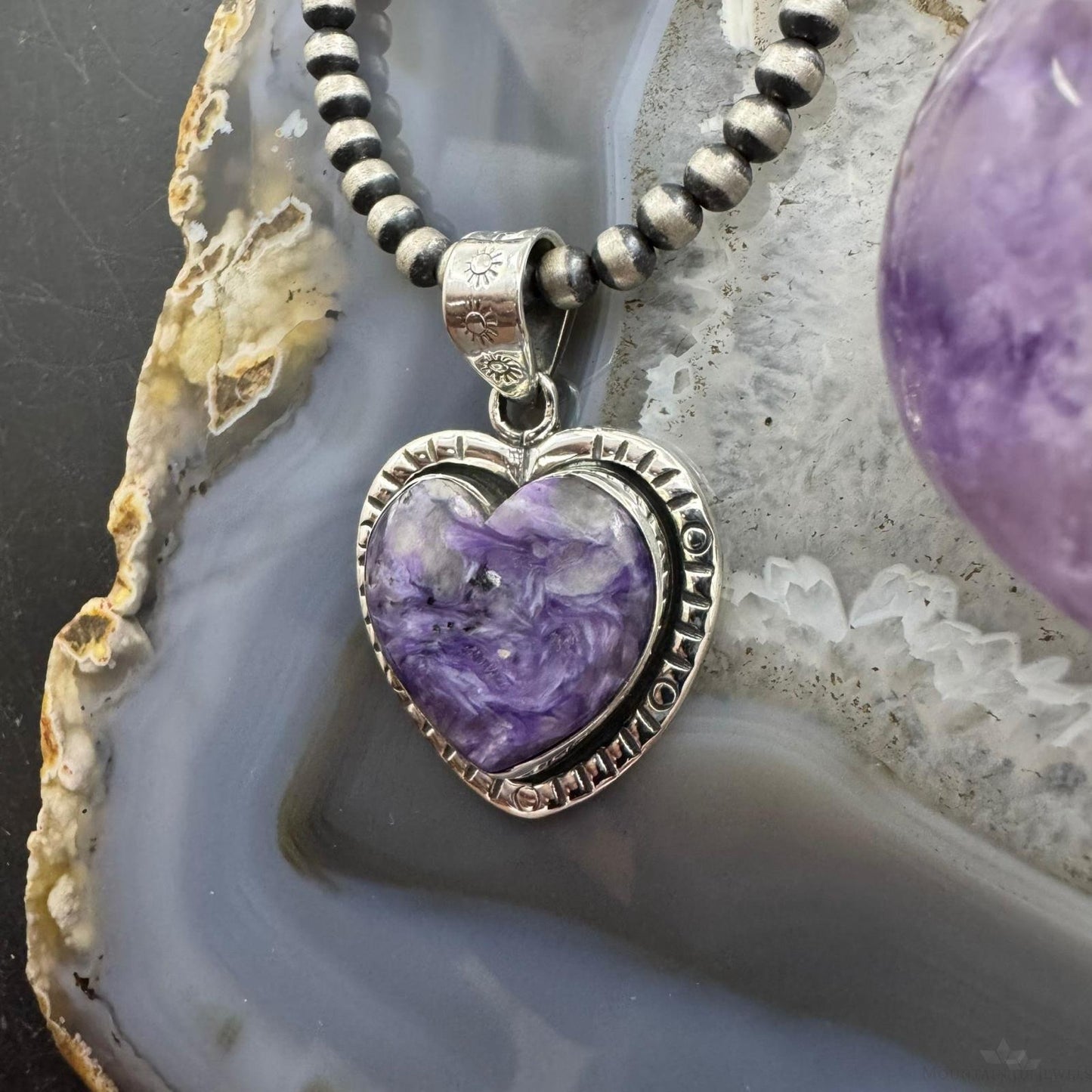 Sterling Silver Southwestern Style Charoite Heart Shape Pendant For Women
