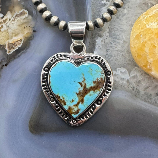 Native American Sterling Silver Kingman Turquoise Heart Pendant For Women