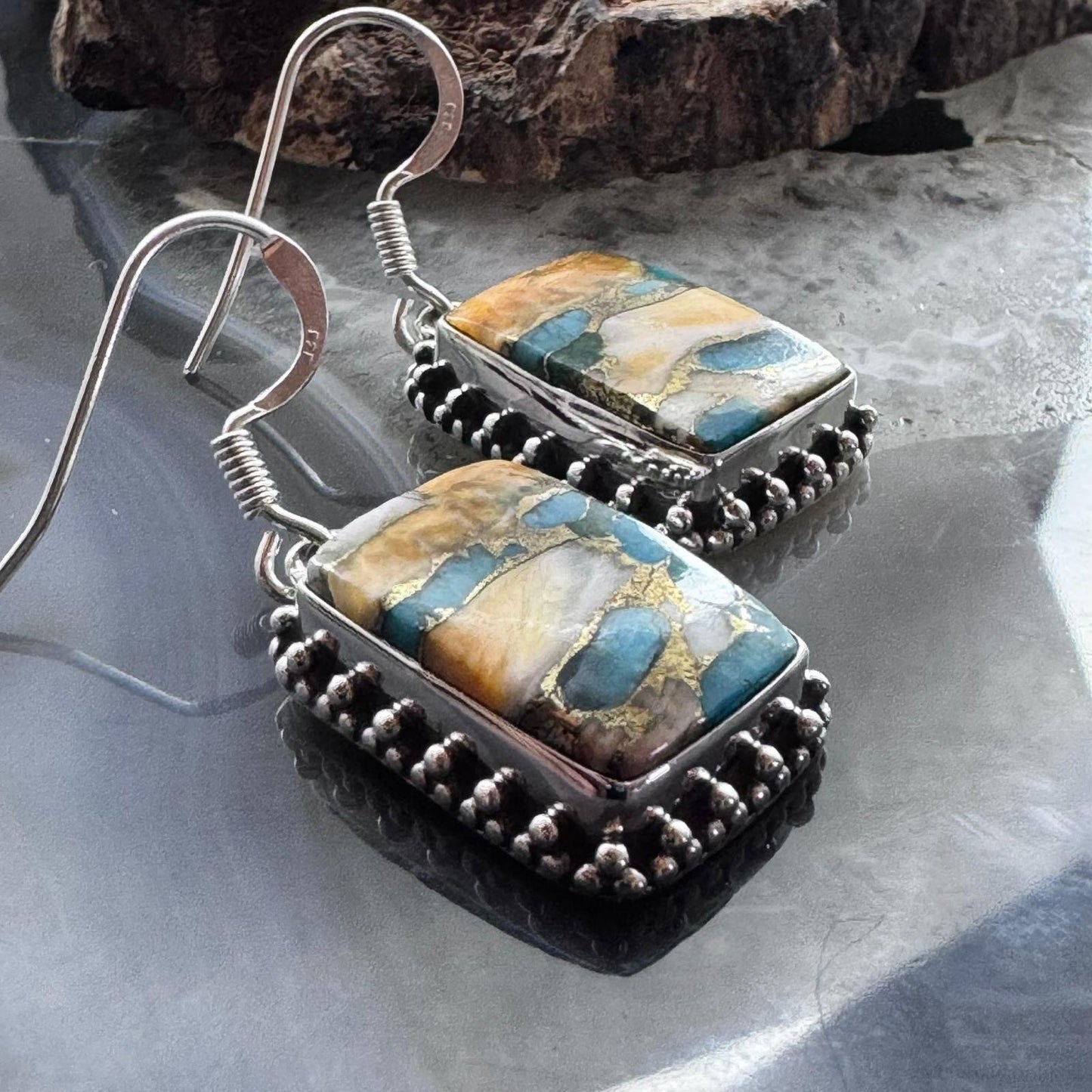 Sterling Silver Southwestern Style Rectangle Spiny Oyster Turquoise Dangle Earrings For Women