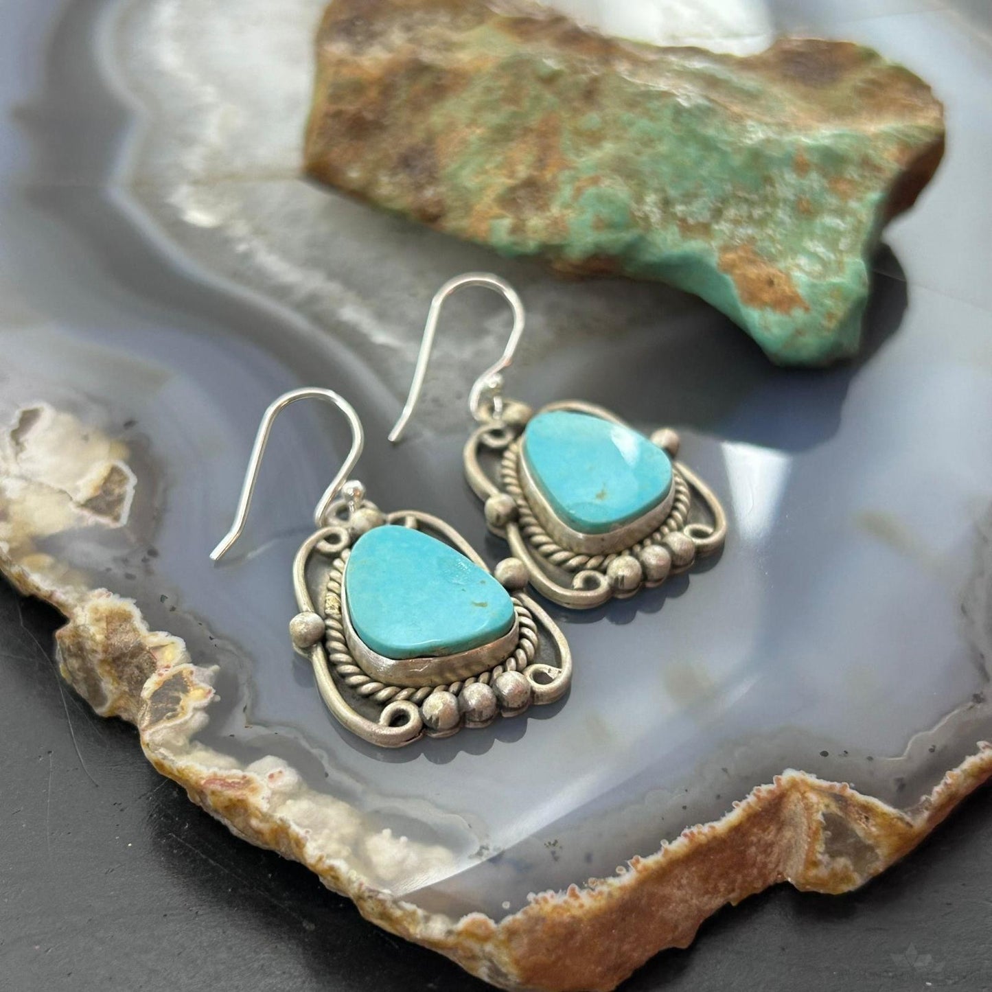 Sterling Silver Southwestern Style Turquoise Decorated Dangle Earrings For Women #3