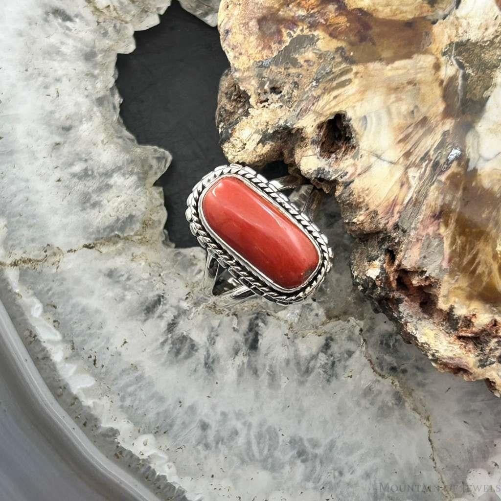 Sterling Silver Southwestern Style Coral Ring Size 7 For Women
