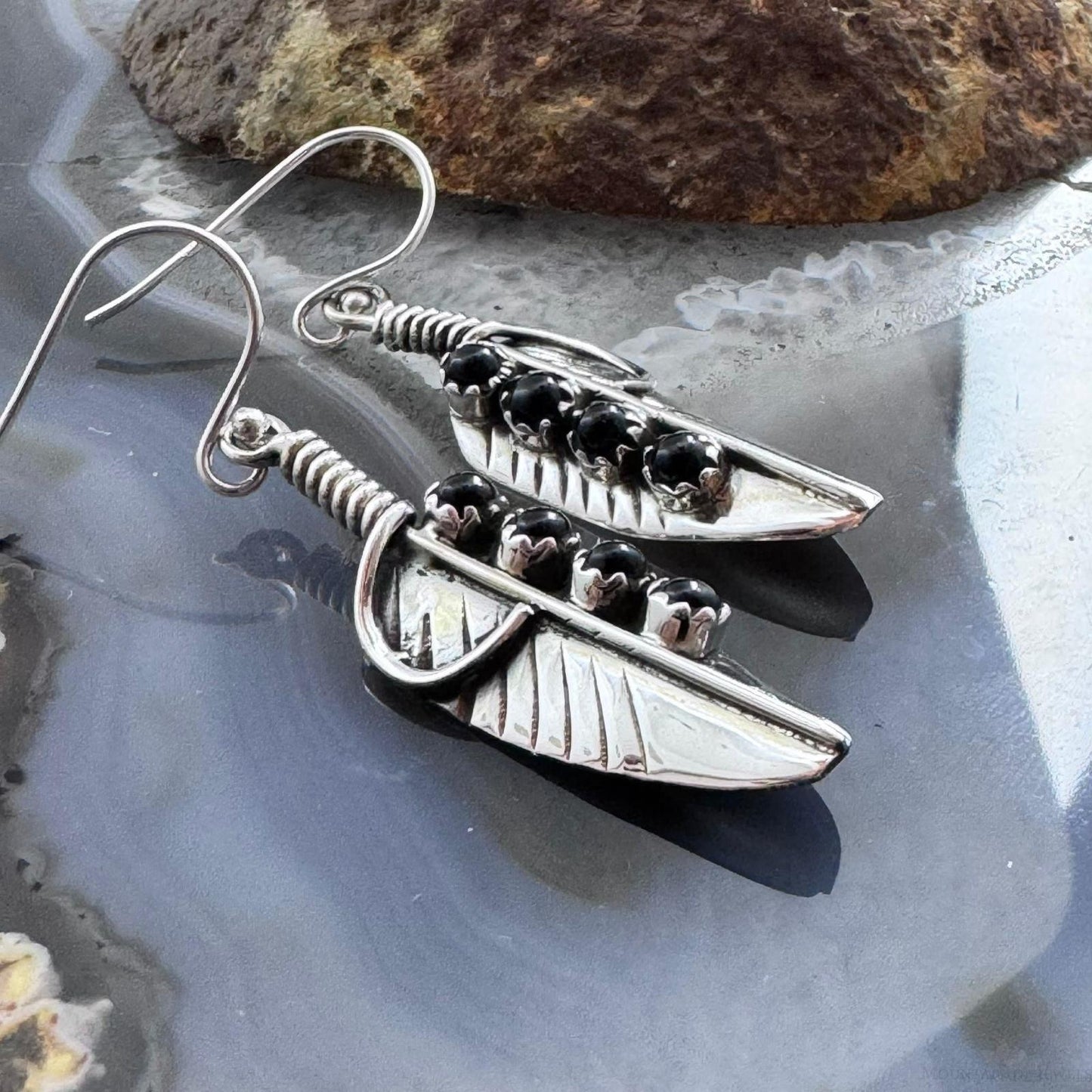 Sterling Silver Southwestern Style 4 Onyx Dots Feather Dangle Earrings For Women