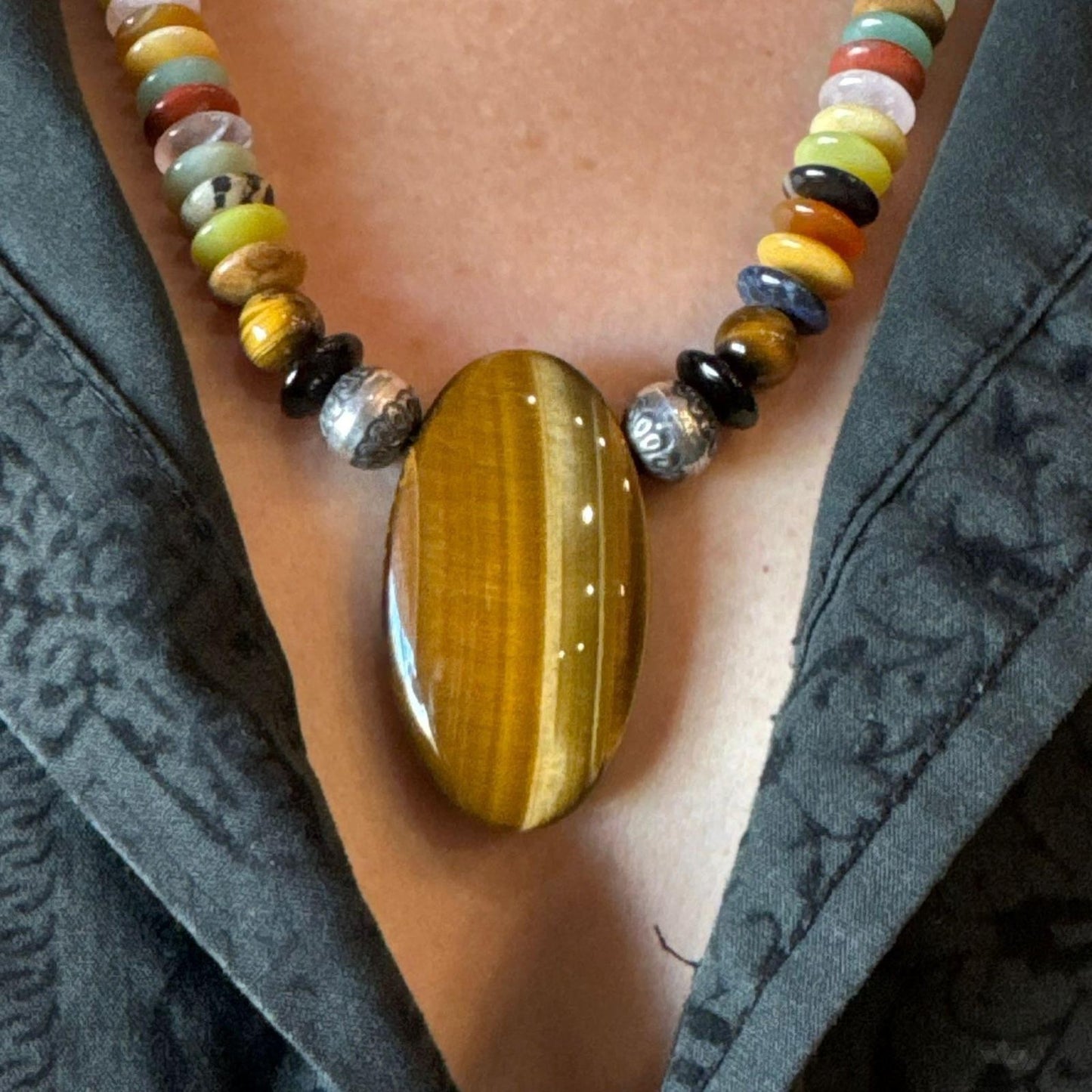 Carolyn Pollack Multi-Gemstone Rondelles Beads w/Large Oval Tiger's Eye Necklace